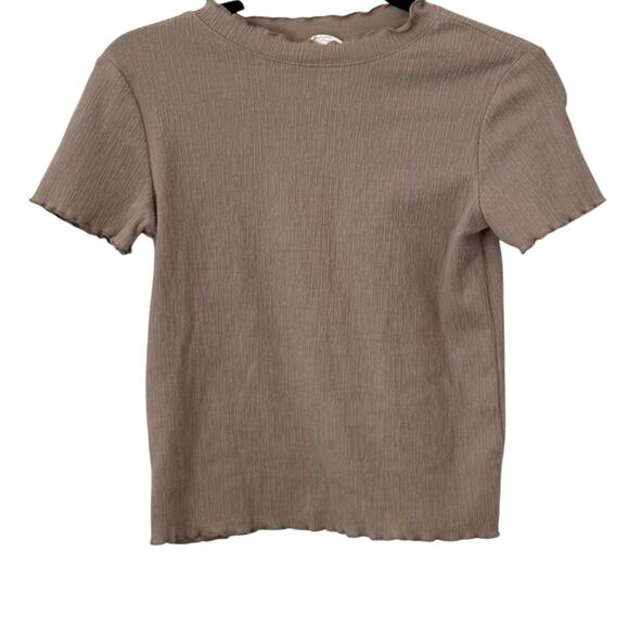 Women's NET Tan Textured Lettuce-Trim Baby Tee Cropped Shirt Short Sleeve -Small - Picture 1 of 4